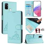 For OPPO A32 2020 4G / A53 2020 4G Cat Rat Embossed Pattern RFID Leather Phone Case with Lanyard(Mint Green)