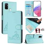 For OPPO A11s 4G Cat Rat Embossed Pattern RFID Leather Phone Case with Lanyard(Mint Green)