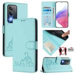 For OPPO A80 5G EU Cat Rat Embossed Pattern RFID Leather Phone Case with Lanyard(Mint Green)