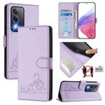 For OPPO A80 5G EU Cat Rat Embossed Pattern RFID Leather Phone Case with Lanyard(Purple)