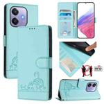 For OPPO A3x 5G Global Cat Rat Embossed Pattern RFID Leather Phone Case with Lanyard(Mint Green)