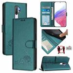 For OPPO A9 2020 4G Cat Rat Embossed Pattern RFID Leather Phone Case with Lanyard(Peacock Green)