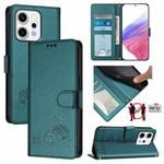 For OPPO Reno14 Pro 5G Global Cat Rat Embossed Pattern RFID Leather Phone Case with Lanyard(Peacock Green)