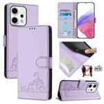 For OPPO Reno14 Pro 5G Global Cat Rat Embossed Pattern RFID Leather Phone Case with Lanyard(Purple)