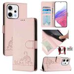 For OPPO Reno14 5G Global Cat Rat Embossed Pattern RFID Leather Phone Case with Lanyard(Pink)