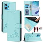 For Realme 9 Pro+ 5G Cat Rat Embossed Pattern RFID Leather Phone Case with Lanyard(Mint Green)