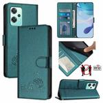 For Realme 9 5G EU Version Cat Rat Embossed Pattern RFID Leather Phone Case with Lanyard(Peacock Green)