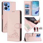 For Realme 9i 5G India Cat Rat Embossed Pattern RFID Leather Phone Case with Lanyard(Pink)