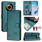 For Realme 11 4G Global Cat Rat Embossed Pattern RFID Leather Phone Case with Lanyard(Peacock Green)
