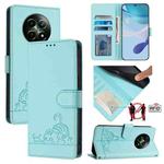 For Realme 12 5G Global Cat Rat Embossed Pattern RFID Leather Phone Case with Lanyard(Mint Green)