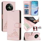 For Realme 12 5G Global Cat Rat Embossed Pattern RFID Leather Phone Case with Lanyard(Pink)