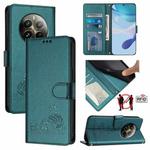For Realme 12 Pro+ 5G Global Cat Rat Embossed Pattern RFID Leather Phone Case with Lanyard(Peacock Green)
