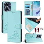 For Realme Narzo N55 Cat Rat Embossed Pattern RFID Leather Phone Case with Lanyard(Mint Green)