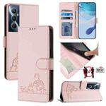 For Realme C65 4G Global Cat Rat Embossed Pattern RFID Leather Phone Case with Lanyard(Pink)