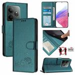 For Realme GT 6 5G Global Cat Rat Embossed Pattern RFID Leather Phone Case with Lanyard(Peacock Green)