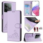 For Realme GT 6 5G Global Cat Rat Embossed Pattern RFID Leather Phone Case with Lanyard(Purple)