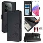 For Realme GT 6T 5G Global Cat Rat Embossed Pattern RFID Leather Phone Case with Lanyard(Black)