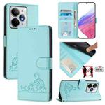 For Realme Neo7 Turbo 5G Cat Rat Embossed Pattern RFID Leather Phone Case with Lanyard(Mint Green)