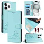 For iPhone 15 Pro Max Cat Rat Embossed Pattern RFID Leather Phone Case with Lanyard(Mint Green)