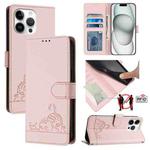 For iPhone 15 Pro Max Cat Rat Embossed Pattern RFID Leather Phone Case with Lanyard(Pink)