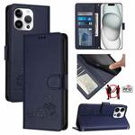 For iPhone 15 Pro Max Cat Rat Embossed Pattern RFID Leather Phone Case with Lanyard(Blue)