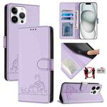 For iPhone 15 Pro Max Cat Rat Embossed Pattern RFID Leather Phone Case with Lanyard(Purple)