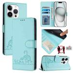 For iPhone 15 Pro Cat Rat Embossed Pattern RFID Leather Phone Case with Lanyard(Mint Green)