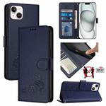 For iPhone 15 Plus Cat Rat Embossed Pattern RFID Leather Phone Case with Lanyard(Blue)