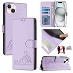 For iPhone 15 Plus Cat Rat Embossed Pattern RFID Leather Phone Case with Lanyard(Purple)