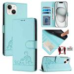 For iPhone 15 Cat Rat Embossed Pattern RFID Leather Phone Case with Lanyard(Mint Green)