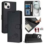 For iPhone 15 Cat Rat Embossed Pattern RFID Leather Phone Case with Lanyard(Black)
