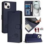 For iPhone 14/13 Cat Rat Embossed Pattern RFID Leather Phone Case with Lanyard(Blue)