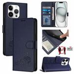 For iPhone 14 Pro Cat Rat Embossed Pattern RFID Leather Phone Case with Lanyard(Blue)