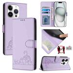 For iPhone 14 Pro Cat Rat Embossed Pattern RFID Leather Phone Case with Lanyard(Purple)