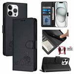 For iPhone 14 Pro Max Cat Rat Embossed Pattern RFID Leather Phone Case with Lanyard(Black)