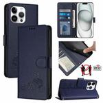 For iPhone 14 Pro Max Cat Rat Embossed Pattern RFID Leather Phone Case with Lanyard(Blue)