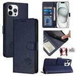 For iPhone 13 Pro Max Cat Rat Embossed Pattern RFID Leather Phone Case with Lanyard(Blue)