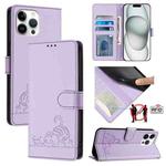 For iPhone 13 Pro Max Cat Rat Embossed Pattern RFID Leather Phone Case with Lanyard(Purple)