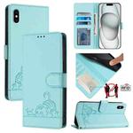 For iPhone XS Max Cat Rat Embossed Pattern RFID Leather Phone Case with Lanyard(Mint Green)