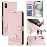 For iPhone XS Max Cat Rat Embossed Pattern RFID Leather Phone Case with Lanyard(Pink)