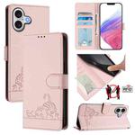For iPhone 17 Cat Rat Embossed Pattern RFID Leather Phone Case with Lanyard(Pink)