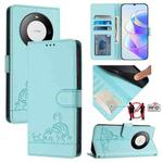 For Huawei Mate 60 Pro/60 Pro+ Cat Rat Embossed Pattern RFID Leather Phone Case with Lanyard(Mint Green)
