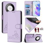 For Huawei Mate 60 Pro/60 Pro+ Cat Rat Embossed Pattern RFID Leather Phone Case with Lanyard(Purple)