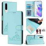 For Huawei P30 Cat Rat Embossed Pattern RFID Leather Phone Case with Lanyard(Mint Green)