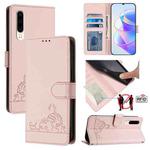 For Huawei P30 Cat Rat Embossed Pattern RFID Leather Phone Case with Lanyard(Pink)