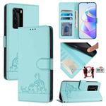 For Huawei P40 Pro Cat Rat Embossed Pattern RFID Leather Phone Case with Lanyard(Mint Green)
