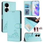 For Huawei P50 Cat Rat Embossed Pattern RFID Leather Phone Case with Lanyard(Mint Green)