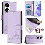 For Huawei P50 Cat Rat Embossed Pattern RFID Leather Phone Case with Lanyard(Purple)