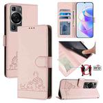 For Huawei P60/P60 Pro Cat Rat Embossed Pattern RFID Leather Phone Case with Lanyard(Pink)