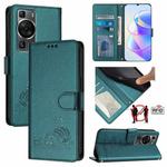 For Huawei P60/P60 Pro Cat Rat Embossed Pattern RFID Leather Phone Case with Lanyard(Peacock Green)